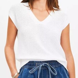 Loft Popover Sweater Stitchy V Neck Wedge Knit Top White Easy Fit Blouse NWT